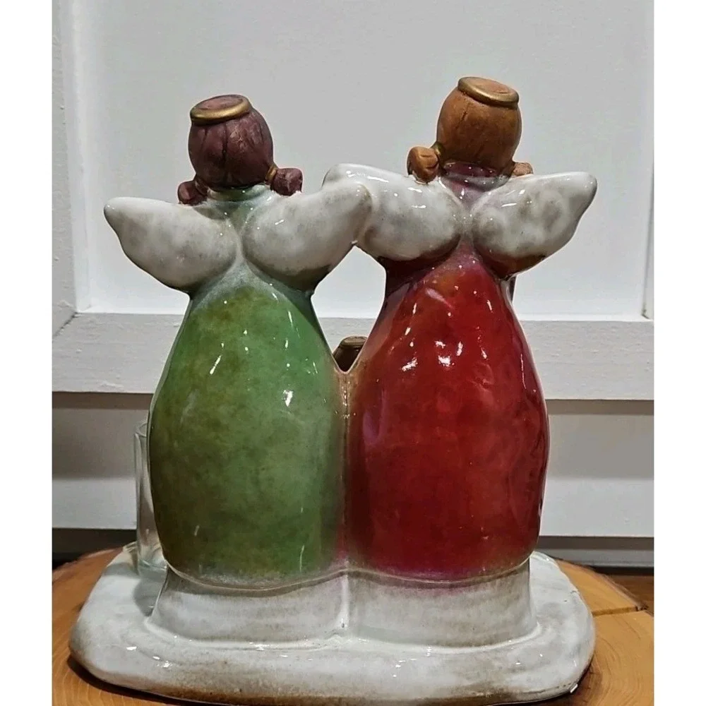 Vintage Kirklands Ceramic Angel Triple Votive Candle Holder Figure Christmas Joy